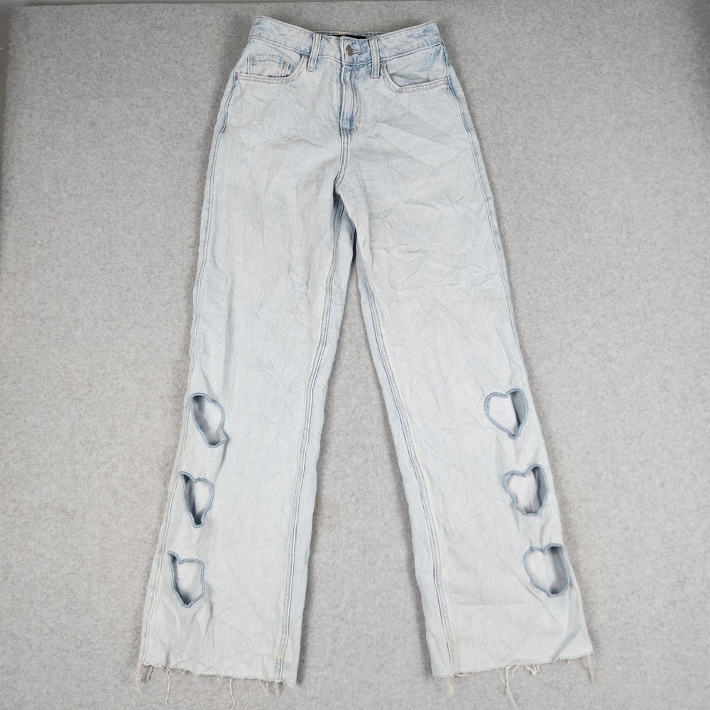 Hollister Vintage Baggy Jeans Womens 00R Blue Denim Cotton Heart Cutout Raw Hem